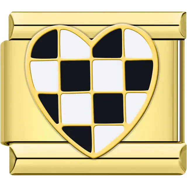 Gold-outlined heart divided into alternating black and white checkered squares Italian charm bracelet link