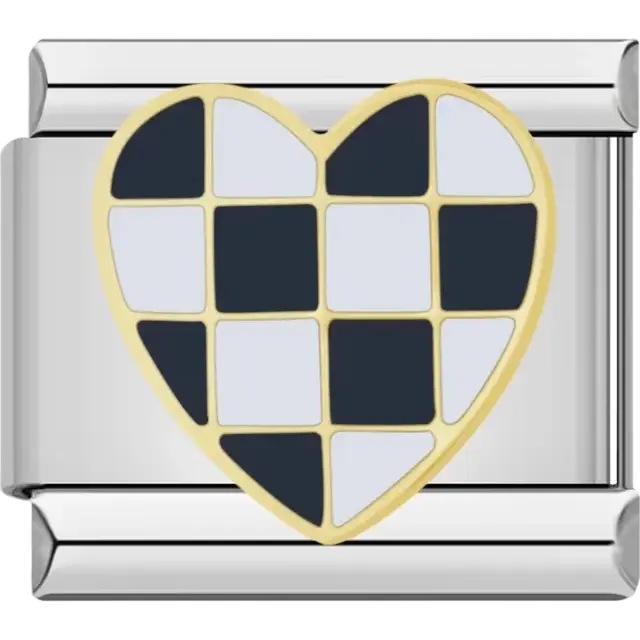 Gold-outlined heart divided into alternating black and white checkered squares Italian charm bracelet link