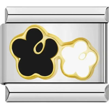 Black and white flower design with gold outlines Italian charm bracelet link