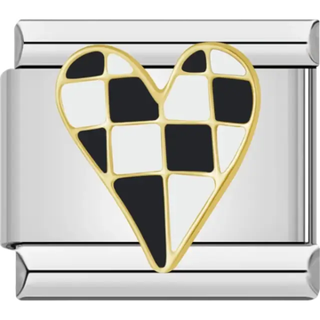 Heart-shaped charm with black and white mosaic pattern and gold outlines Italian charm bracelet link