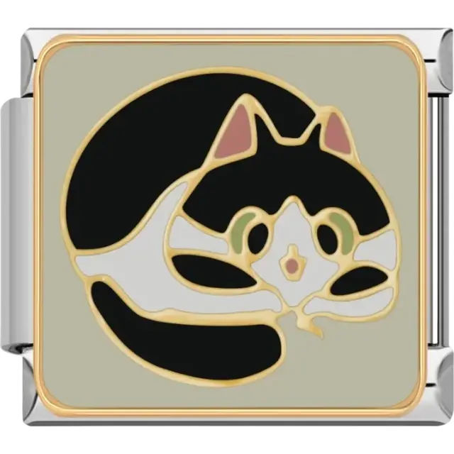 Black and white sleeping cat in a curled-up position with a gold trim Italian charm bracelet link