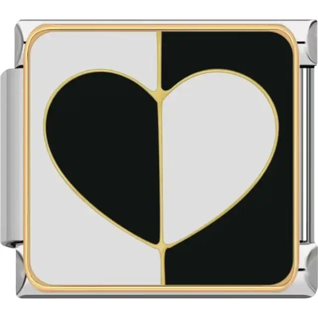 Split heart design with black and white halves outlined in gold Italian charm bracelet link