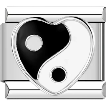 Heart-shaped black and white yin yang symbol Italian charm bracelet link