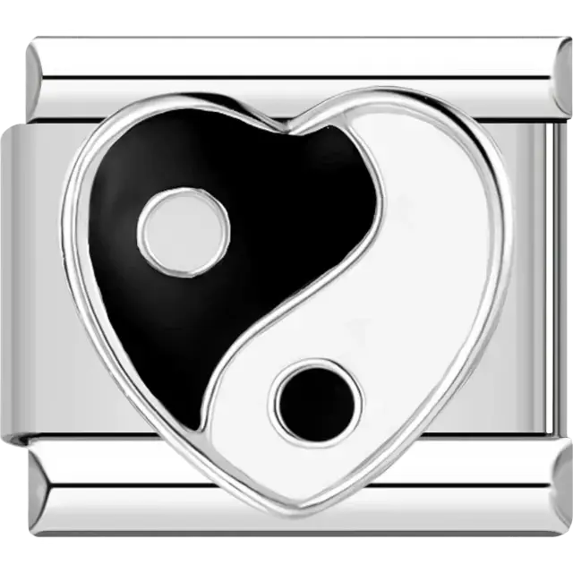 Heart-shaped black and white yin yang symbol Italian charm bracelet link