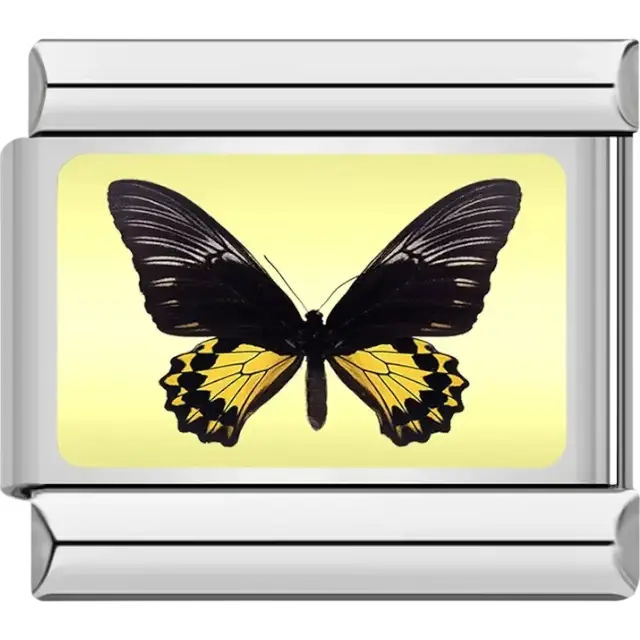 Butterfly with black upper wings yellow lower wings and a pale yellow background Italian charm bracelet link