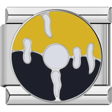 Round charm with black and yellow dripping effect and white center Italian charm bracelet link