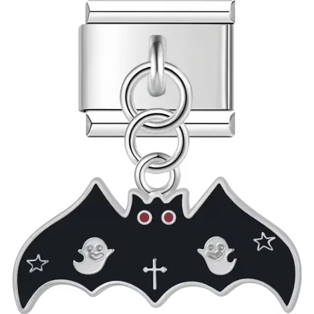 Black bat shape with red eyes white ghosts stars and cross Italian charm bracelet link