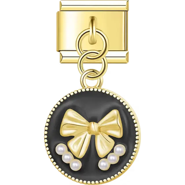 Round gold trim charm with raised bow black enamel and pearl accents Italian charm bracelet link