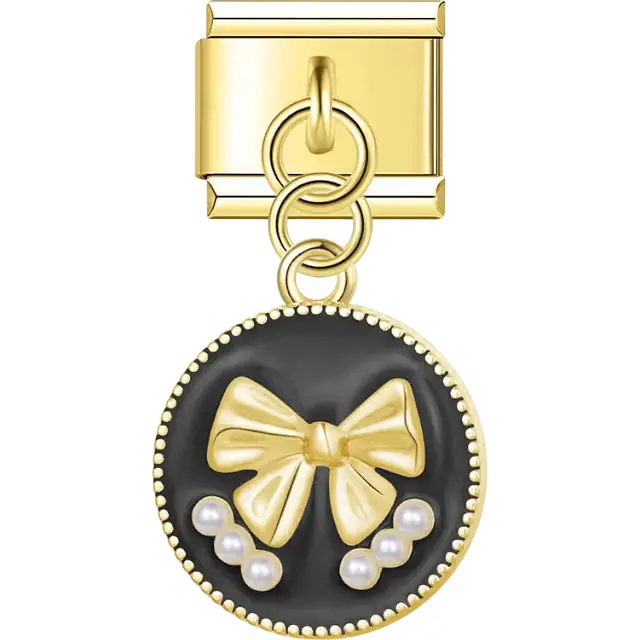 Round gold trim charm with raised bow black enamel and pearl accents Italian charm bracelet link