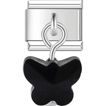 Dangle black butterfly with smooth translucent finish Italian charm bracelet link