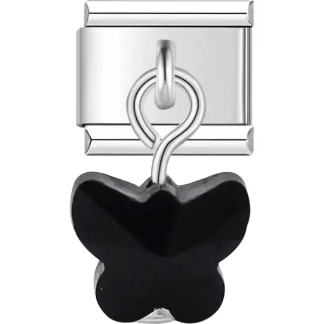 Dangle black butterfly with smooth translucent finish Italian charm bracelet link