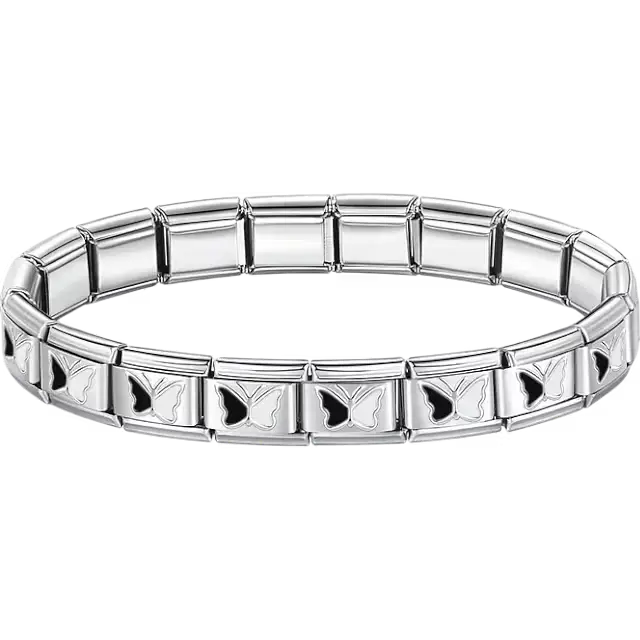 Black butterfly charms composing stainless steel Italian bracelet