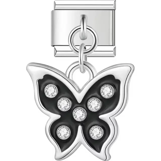 Black butterfly with crystals dangle Italian charm bracelet link