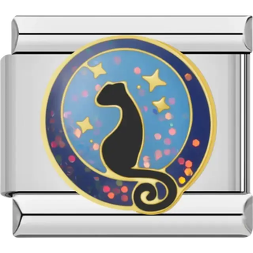 Black cat silhouette with a curved tail on a blue glitter background with gold stars Italian charm bracelet link