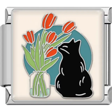 Black cat sitting beside a glass jar of red tulips with green stems on a teal circle background Italian charm bracelet link