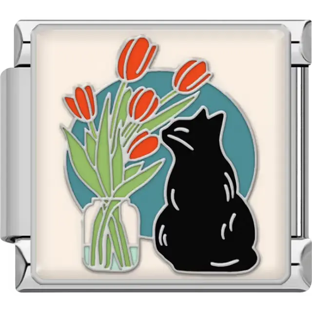 Black cat sitting beside a glass jar of red tulips with green stems on a teal circle background Italian charm bracelet link