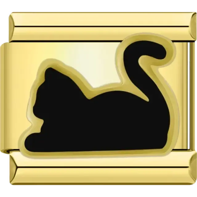 Black cat silhouette with gold border Italian charm bracelet link