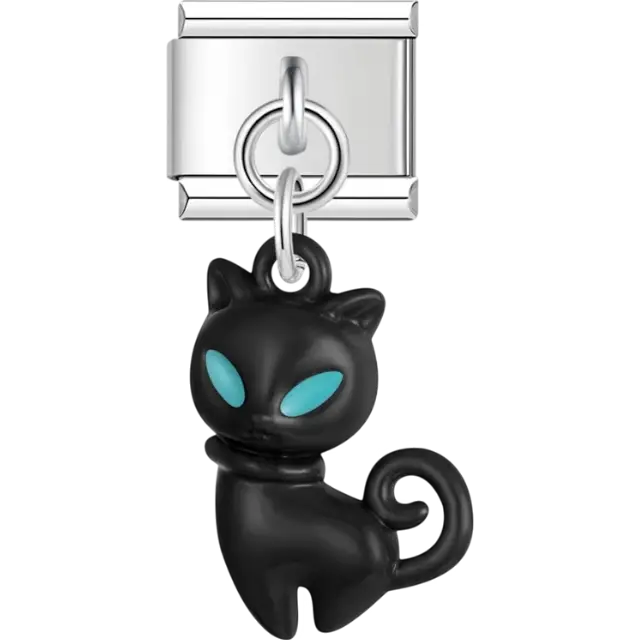 Black cat with teal eyes dangle pendant Italian charm bracelet link