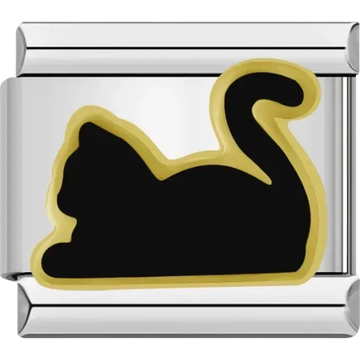 Black cat silhouette with gold border Italian charm bracelet link