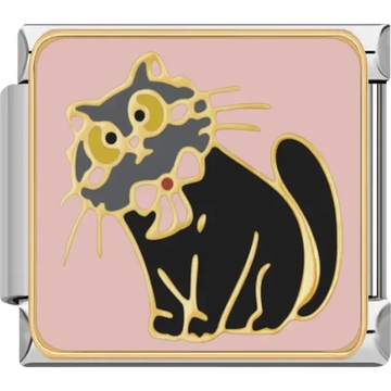 Black cat with gold trim and pink background Italian charm bracelet link