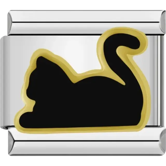Black cat silhouette with gold border Italian charm bracelet link