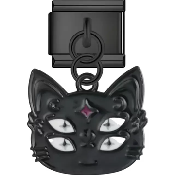 Black cat head with four glowing eyes and purple star on forehead Italian charm bracelet link
