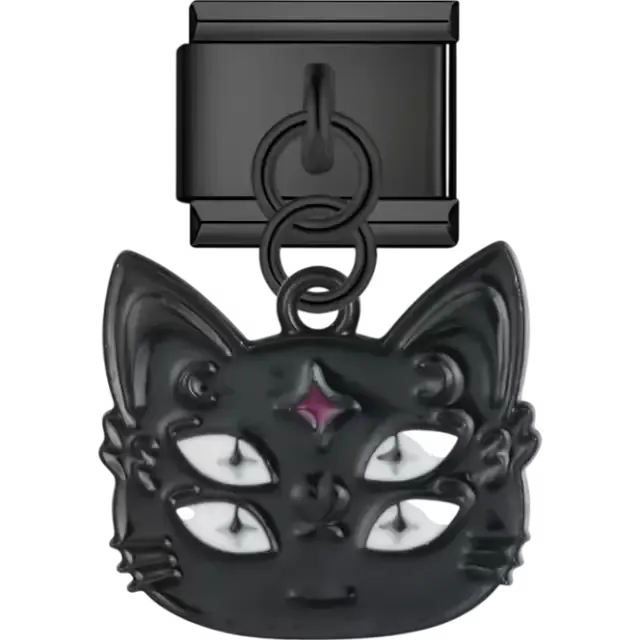 Black cat head with four glowing eyes and purple star on forehead Italian charm bracelet link