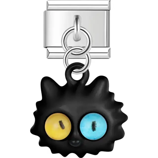 Black cat face yellow blue different colored eyes dangle Italian charm bracelet link