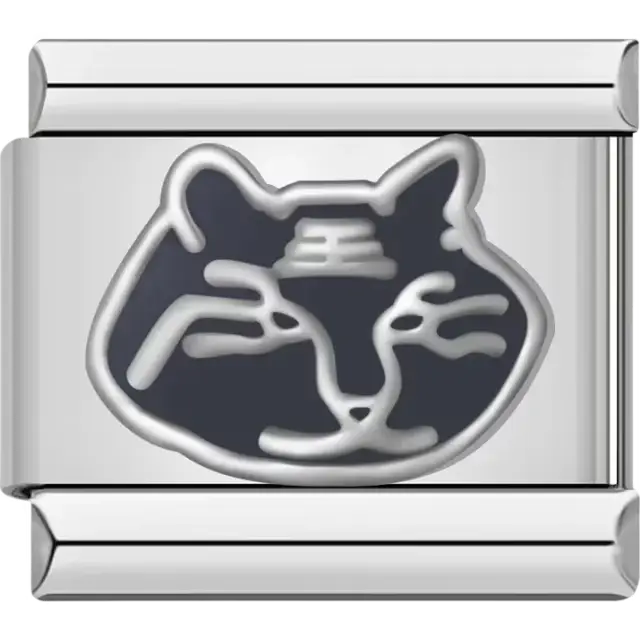 Black cat face outline with silver details Italian charm bracelet link
