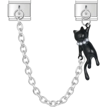 Black cat pendant chain with pearl detail and dual Italian charm bracelet links