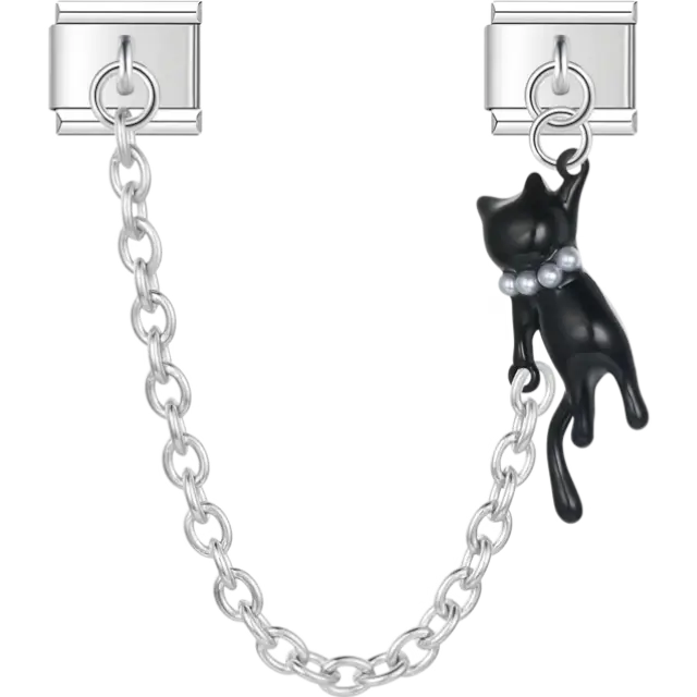 Black cat pendant chain with pearl detail and dual Italian charm bracelet links