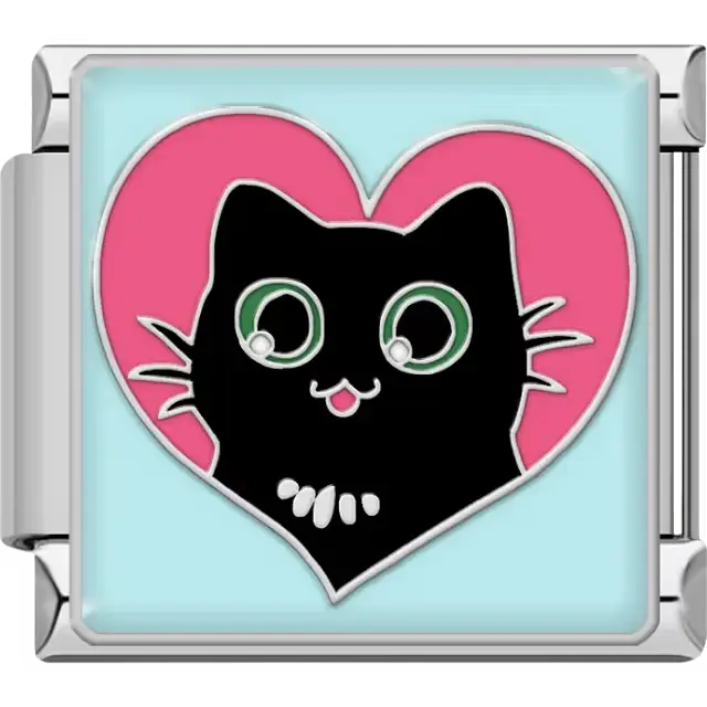 Cute black cat face with green eyes and pink tongue inside a pink heart on light blue background Italian charm bracelet link