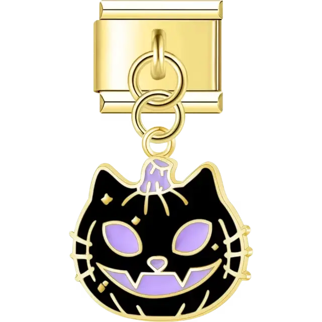 Black cat pumpkin face with purple eyes and carved details dangle Italian charm bracelet link