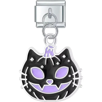 Black cat pumpkin face with purple eyes and carved details dangle Italian charm bracelet link
