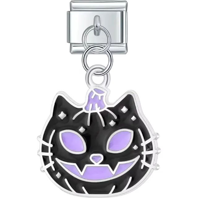 Black cat pumpkin face with purple eyes and carved details dangle Italian charm bracelet link