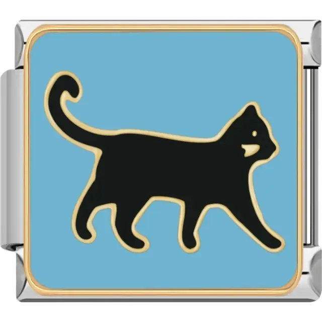 Black cat silhouette with gold trim on a blue background Italian charm bracelet link