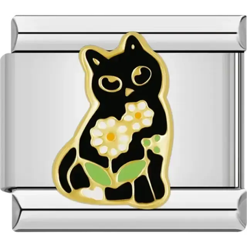 Black cat holding daisies with green leaves and gold detailing Italian charm bracelet link