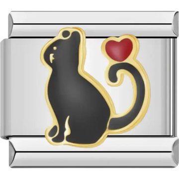 Black cat silhouette with gold accents sitting beside a red heart Italian charm bracelet link