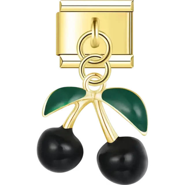 Black cherry dangle with green leaves and metallic stems Italian charm bracelet link