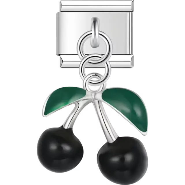 Black cherry dangle with green leaves and metallic stems Italian charm bracelet link