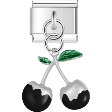 Black cherry pendant with green leaves Italian charm bracelet link