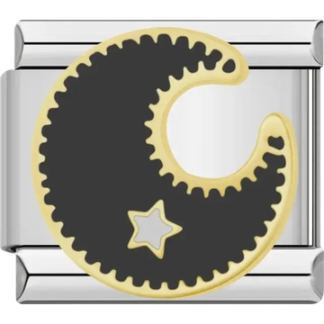 Black crescent moon with gold outline and silver star Italian charm bracelet link