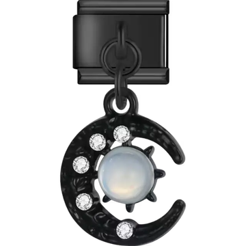 Black crescent moon with clear crystals and opal centerpiece Italian charm bracelet link