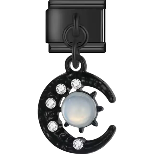 Black crescent moon with clear crystals and opal centerpiece Italian charm bracelet link