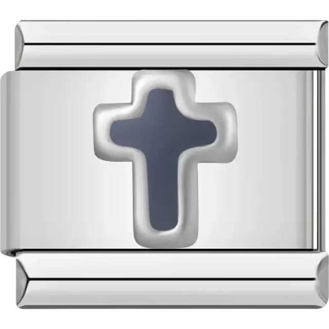 Silver cross with black background Italian charm bracelet link