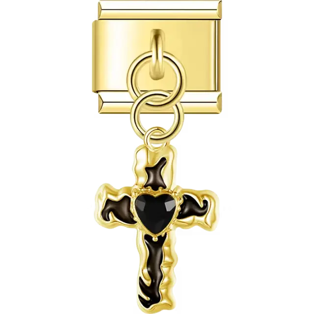 Silver cross with black enamel-like detailing and a black heart-shaped center in a dangle design Italian charm bracelet link