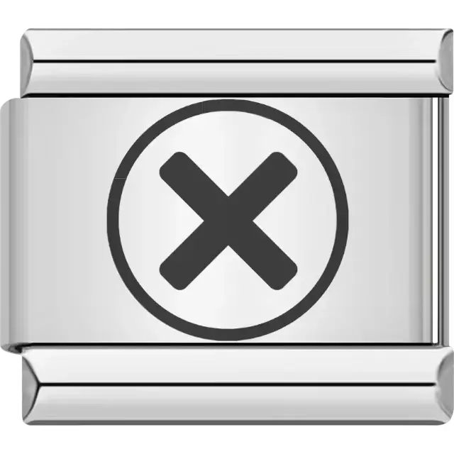 Black cross symbol inside a circle design on a polished silver background Italian charm bracelet link