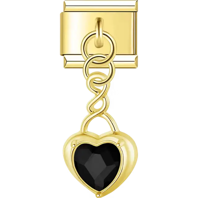 Heart-shaped black crystal with twisted chain dangle Italian charm bracelet link