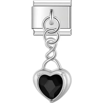Heart-shaped black crystal with twisted chain dangle Italian charm bracelet link