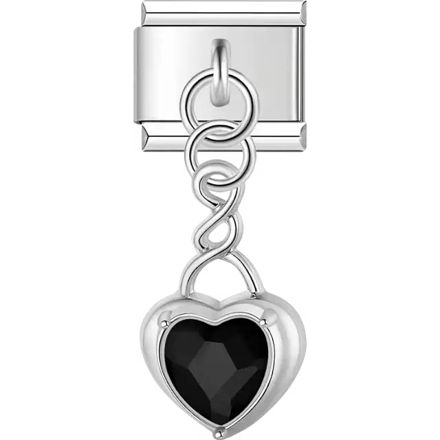 Heart-shaped black crystal with twisted chain dangle Italian charm bracelet link